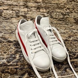 Prada sneakers. Red, white and adorable. Only worn once.